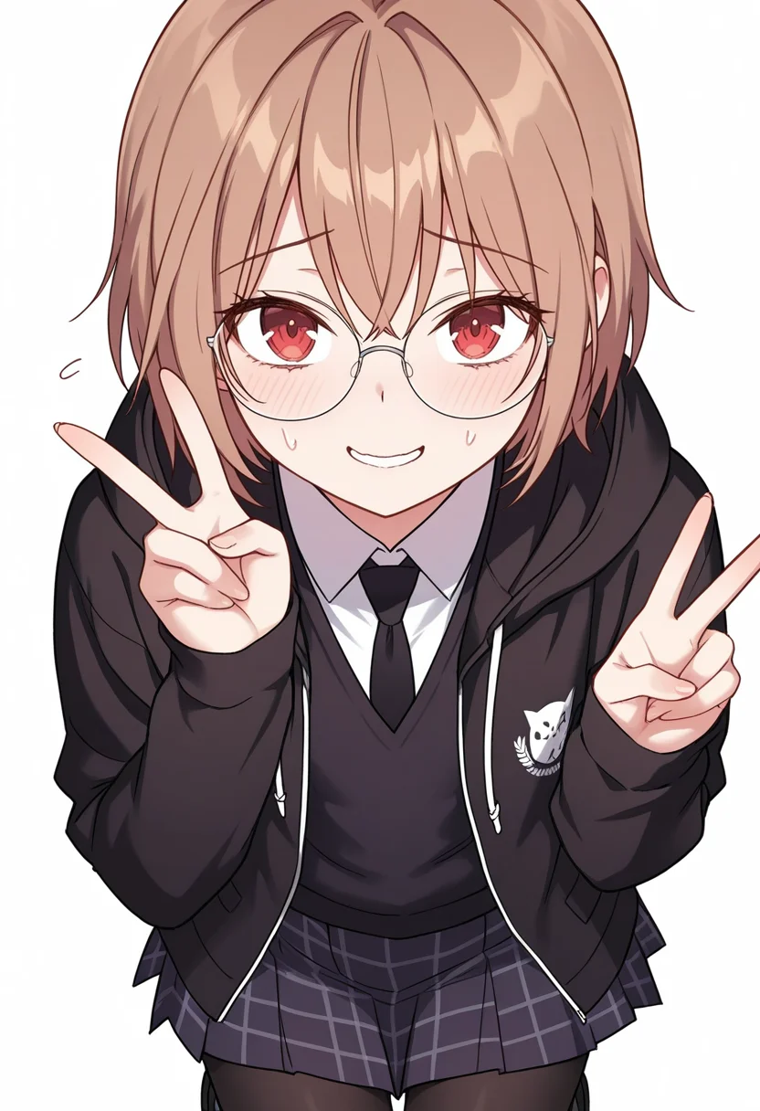 Smooth Quality,masterpiece,very intricate, high quality details, ultra realistic, high detailed skin,detailed enviorement,absurdres,
nervous, nervous smile, v,
 <lora:Young-Joo_CNR:0.8> young_joo_cnr, 1girl, brown hair, short hair, red eyes, glasses, young_juniform_cnr, school uniform, black jacket, white shirt, collared shirt, black necktie,hoodie, pleated skirt,black pantyhose, black footwear,, simple background, white background, front view,solo,