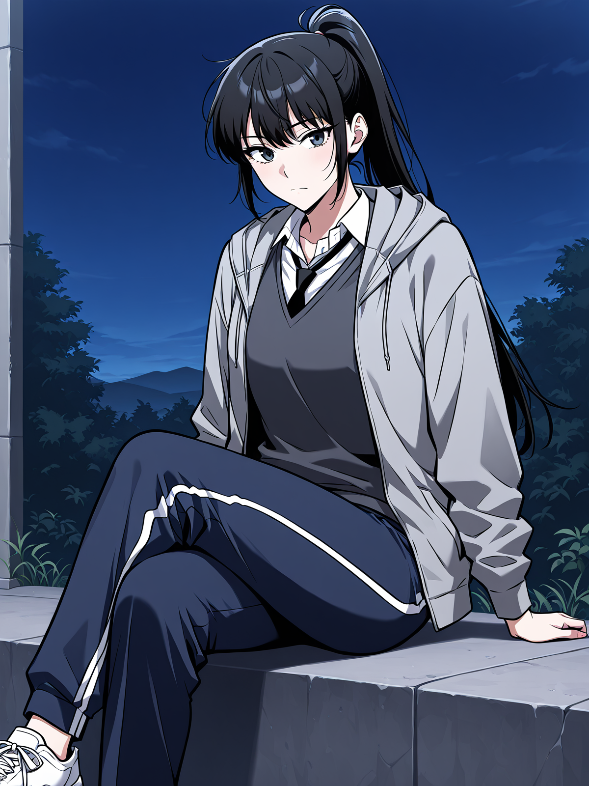 <lora:Omniscient_Readers_Viewpoint__Lee_Jihye:1>
1girl, solo, long hair, black hair, tied hair, high ponytail, black eyes, messy bangs, 
gray hoodie, school uniform, white shirt, black tie, dark gray sweater vest, navy blue track pants, white stripe pants, white sneakers, casual and uniform mix, layered clothing,
(Anime_source),Masterpiece,(perfect female body:1.2), small waist,(incredibly detailed:1.4), slim, looking at viewer, sitting, crossed legs, night