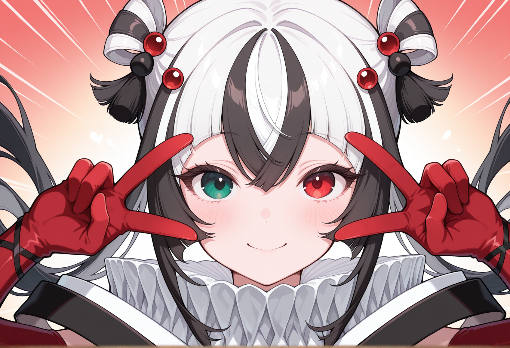 emotional engine - full drive, close-up, 1girl, arthropod girl, multicolored hair, black hair, white hair, very long hair, hair ring, heterochromia, red eyes, green eyes, japanese clothes, kimono, white collar, elbow gloves, red gloves, smile, double v <lora:kashin_koji_illus:1>, masterpiece, best quality, amazing quality, very aesthetic, absurdres, highres, newest
