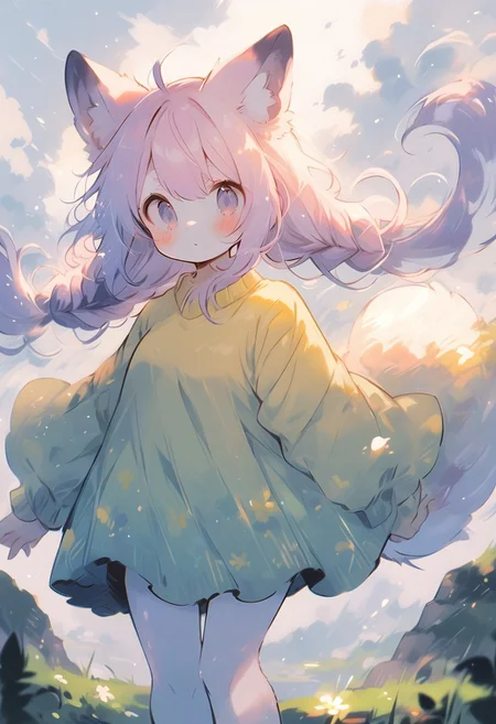 masterpiece, best quality, amazing quality, high quality, wide angle, score_9, score_8_up, score_7_up, source_anime,1girl, (light pink big tail:1.1),squirrel furry female, anthro, hillside,gress,side view, cute,kawaii,(light pink hair:1.1 AND light purple hair:0.95),(multicolored hair:1.2),very long hair,high twintails, ahoge,blue eyes, yellow priness dress,fox ears,white pantyhose, fold-over boots,detailed_eye,backlighting,wind,summer,