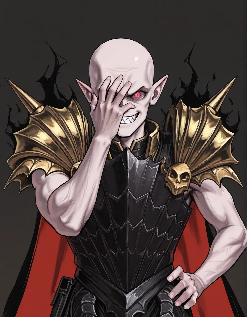 (2D,masterpiece,best quality,amazing quality,very aesthetic,high resolution,looking at viewer,ultra-detailed,1 boy,solo,source_anime,cute,lovely,Simple black background),Mannfred von Carstein,vampire,bare arms,armor,gold shoulder armor,cape,black aura,bald,pale skin,glowing red eyes,short_pointy_ears,spike,fang,facepalm,grin,one hand on hip,Sharp Teeth,<lora:Mannfred_von_Carstein:1>, <lora:ValbunStyle-IL:0.5>