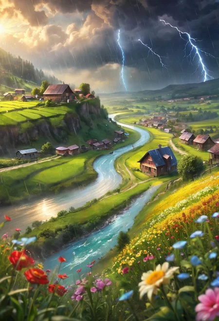 oil matte art, calm relaxing scenery, river, beautiful digital art, DarkFantasy, panoramic view, rain, wet, small village on the mountain cliff, lense flare, flower field, crystal clear, huge tornado in the background, bokeh, OverallDetail, depth of field, detailed art, expressionism,
extremely detailed, UHD,(long exposure )