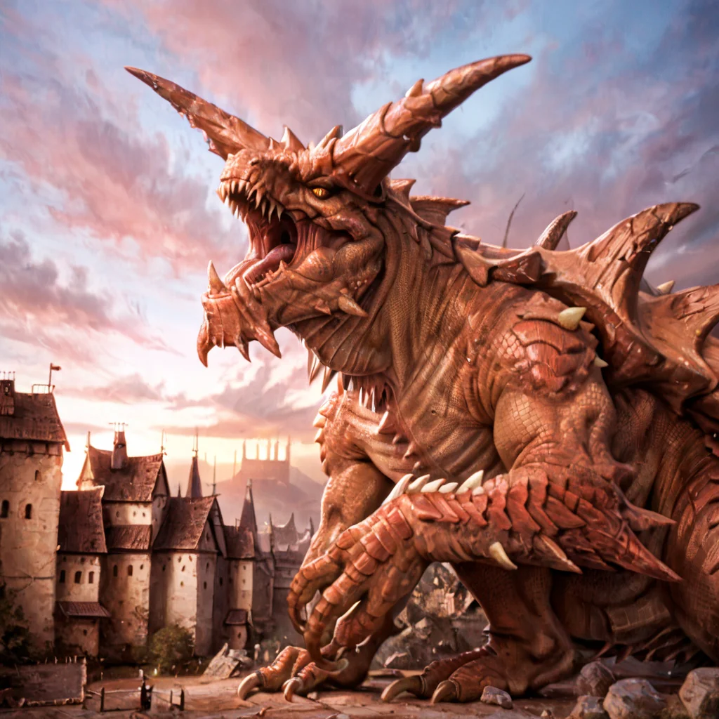 score_9, score_8_up, score_7_up, score_6_up, source_furry, source_monster, raw, photo, 1dk, portrait, tarrasque, no humans, claws, sharp teeth, monster, horns, tail, scales, kaijuu <lora:Tarrasque-000006:1>yellow eyes, spikes, fangs, castle background, sky, standing,