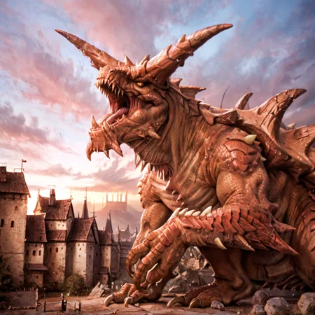 score_9, score_8_up, score_7_up, score_6_up, source_furry, source_monster, raw, photo, 1dk, portrait, tarrasque, no humans, claws, sharp teeth, monster, horns, tail, scales, kaijuu <lora:Tarrasque-000006:1>yellow eyes, spikes, fangs, castle background, sky, standing,