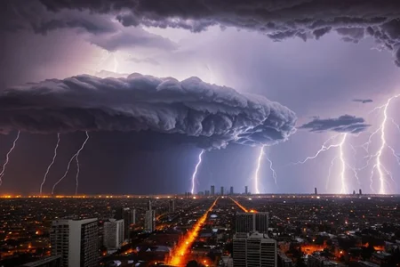 a burning city, thunderstorm, end of days