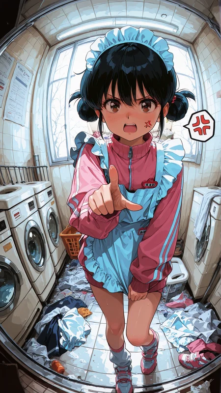 masterpiece, newest,absurdres,incredibly absurdres, best quality, amazing quality, very aesthetic, realistic face,1980s \(style\), 
1girl, pink clothes, jersey maid, laundry room, messy room, angry, pointing at viewer, spoken anger vein, double buns, low tied double buns, (fisheye:1.6), 
<lora:re4lity:1> re4lity_sync_illu