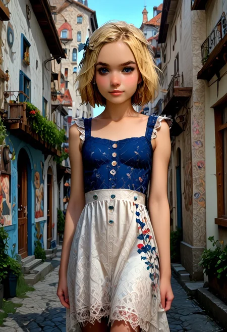 score_9_up, score_8_up, score_7_up, 1girl, solo, Maja Grunzeug, blonde hair, hair ornament, short hair, standing still, town, cute, waving at viewer, front facing, detailed background, girl focus, realistic , ExpresHGothicNeonIncase
