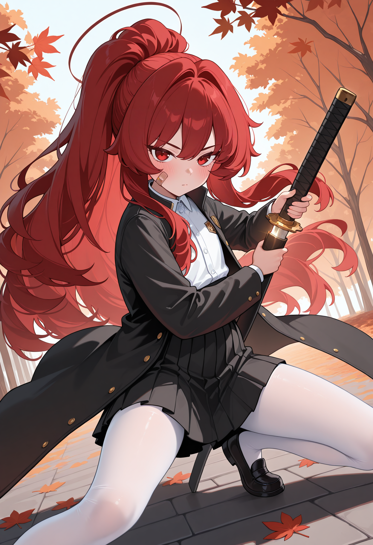 highres, best quality, masterpiece, outdoors, autumn leaves,
1girl, solo, kvkoito, red hair very long hair, ponytail, bandaid on face, halo, red eyes,
school uniform, black jacket, black coat, open jacket, white shirt, collared shirt, black skirt, pleated skirt, white pantyhose,
looking at viewer, blush, serious,
fighting stance, holding katana, unsheathing, floating hair, dynamic pose, 
<lora:_koito_kv-elesico-ilxl:1>