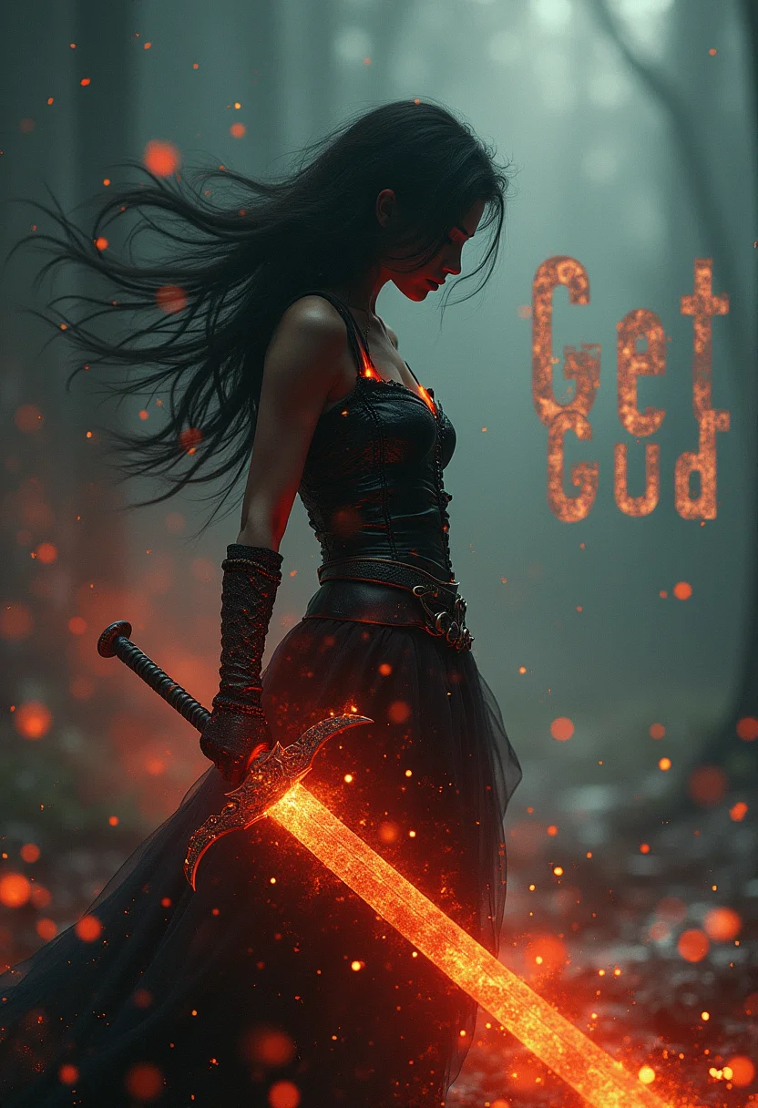 Detailed, masterpiece, professional, bold colors, awe inspiring, photography inspired by Jeremy Mann and Kelly McKernan, 30mm shot, action scene, HDR, Dark Souls themed, epic atmosphere, female warrior against impossible odds, gloomy, infused with lava, feminine, inspired by Agnes Cecile, holding massive sword, "Get Gud" written in bold flaming text double exposure over background, meme