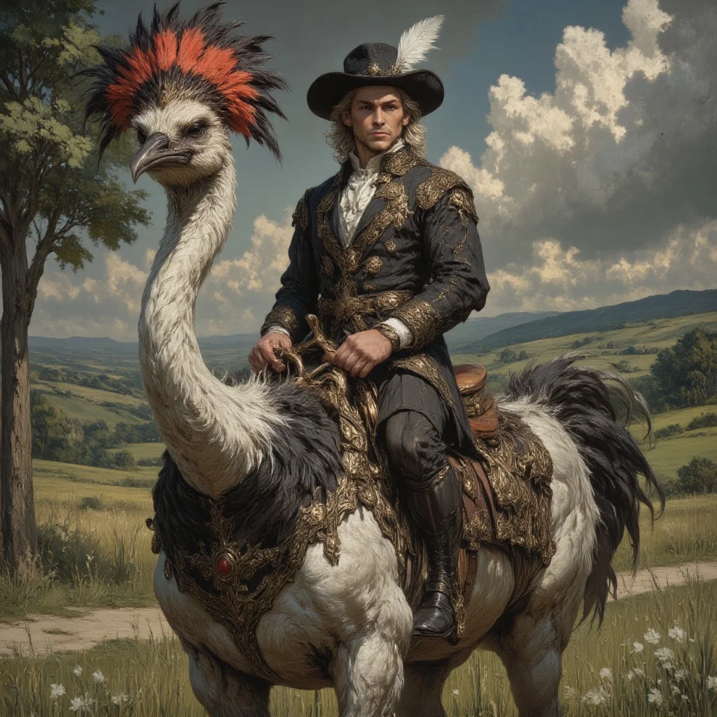 fantasy painting, In the style of anthr0dnd, depicting a man riding a large, realistic ostrich in a detailed 18th-century setting. The man is centrally positioned, dressed in an ornate black coat with white trim, a fitted waistcoat, knee-length breeches, and a wide-brimmed hat adorned with a white feather. His wavy hair falls loosely, and he maintains a calm, composed expression. He sits sidesaddle on the ostrich, which is equipped with a golden saddle and an elaborate red, orange, and black feathered headdress.
The ostrich is portrayed with precise realism — long, slender neck, small head, sharp beak, and large, alert eyes. Its plumage is intricately detailed, featuring natural tones of white, brown, and black, capturing the texture and density of real ostrich feathers.
The background presents a verdant landscape with a single tree on the left and distant rolling hills under a cloudy, overcast sky, enhancing the scene's dramatic and atmospheric quality. The painting's texture is rich and layered, emulating the brushstroke style and depth of classical oil paintings. The overall composition reflects the characteristics of a "jore1 painting" — hyper-detailed realism, atmospheric depth, and refined classical aesthetics merged with surreal subject matter.