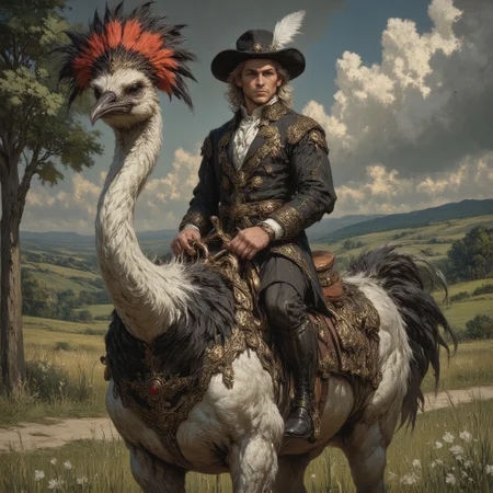 fantasy painting, In the style of anthr0dnd, depicting a man riding a large, realistic ostrich in a detailed 18th-century setting. The man is centrally positioned, dressed in an ornate black coat with white trim, a fitted waistcoat, knee-length breeches, and a wide-brimmed hat adorned with a white feather. His wavy hair falls loosely, and he maintains a calm, composed expression. He sits sidesaddle on the ostrich, which is equipped with a golden saddle and an elaborate red, orange, and black feathered headdress.
The ostrich is portrayed with precise realism — long, slender neck, small head, sharp beak, and large, alert eyes. Its plumage is intricately detailed, featuring natural tones of white, brown, and black, capturing the texture and density of real ostrich feathers.
The background presents a verdant landscape with a single tree on the left and distant rolling hills under a cloudy, overcast sky, enhancing the scene's dramatic and atmospheric quality. The painting's texture is rich and layered, emulating the brushstroke style and depth of classical oil paintings. The overall composition reflects the characteristics of a "jore1 painting" — hyper-detailed realism, atmospheric depth, and refined classical aesthetics merged with surreal subject matter.
