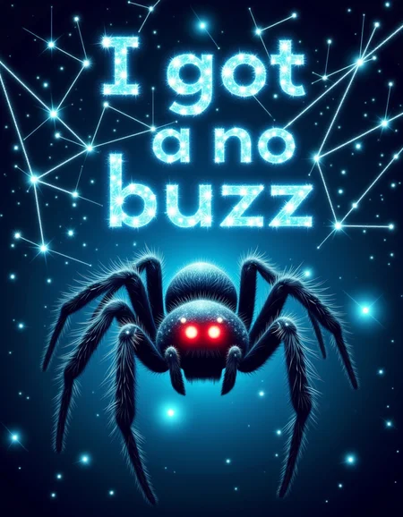 A movie poster with the title "I got no buzz" written in sparkly ethereal spider web that look like star constellations connected with shiny bright lights with a magical ghastly spider with BIG red eyes and fangs.  <lora:StarryMorph-000001:.8>