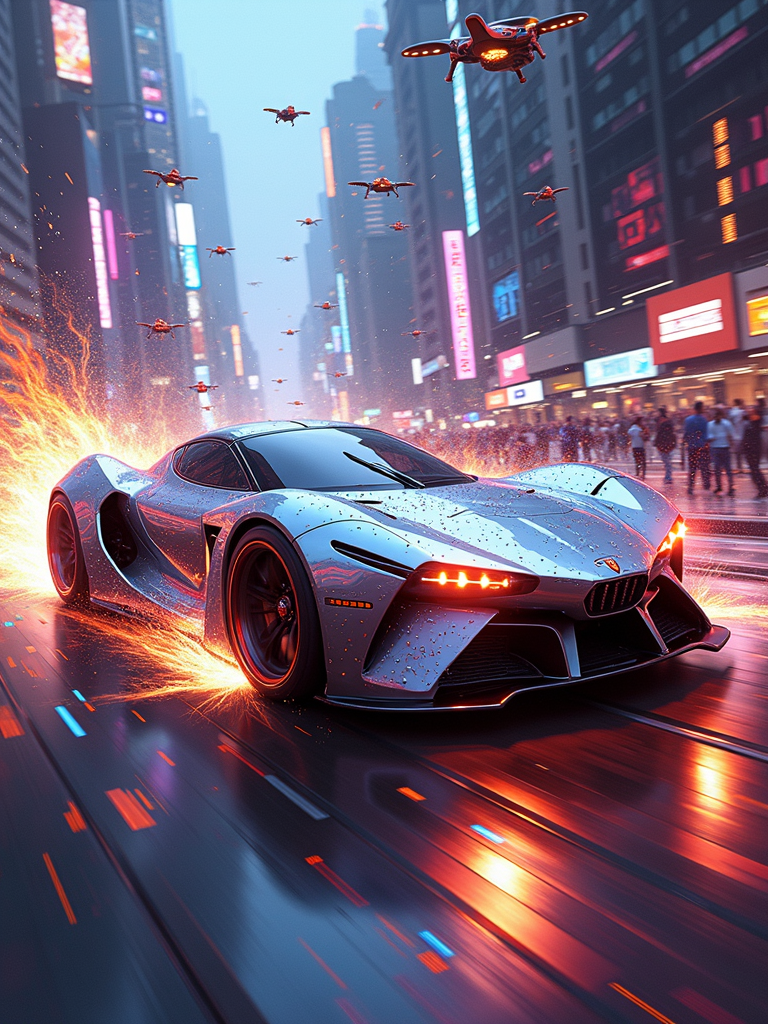 The painting is rendered in an exaggerated, hyper-stylized sci-fi style. The brushstrokes are bold and dynamic, creating a sense of speed and energy. The colors are a vivid explosion of neon and metallic hues, with a constant play of light and shadow. The texture is a combination of smooth surfaces and sharp edges, giving a sense of high-tech and futuristic design.
Scene Description: In the center of a chaotic urban landscape, a sleek and powerful sports car blazes a trail of light. The car is a work of art, with a streamlined body that seems to be made of liquid metal. Its surface is covered in thousands of tiny reflective panels that catch and refract the light in a dazzling display. The car's tires are massive, with glowing treads that leave trails of fire as it speeds through the city. The background is a cityscape of towering skyscrapers and neon signs, all bathed in a kaleidoscope of colors. Flying vehicles and drones buzz around the car, adding to the chaos and excitement.
Composition: The sports car is the focal point of the painting, positioned diagonally across the canvas to create a sense of movement. The cityscape and flying objects frame the car, leading the eye around the scene. The composition is asymmetric and full of energy, with no clear center but a constant flow of action.
Color Palette: The colors are a vivid mix of electric blues, purples, pinks, and golds. The car is a combination of metallic silver and neon accents, while the cityscape is a riot of colors. The light reflected by the car's panels creates a rainbow of hues that add to the visual impact.
Light and Shadow: A harsh, bright light shines on the car from multiple angles, creating deep shadows and highlighting the reflective surfaces. The cityscape is bathed in a soft glow of neon lights and holographic projections, creating a contrast between the bright and the dark. The light and shadow add drama and intensity to the scene.
Detail: Every aspect of the painting is filled with intricate details. The car's body is covered in tiny mechanical parts and symbols, while the reflective panels are highly detailed and show a distorted view of the surrounding city. The cityscape is filled with small details such as people, signs, and flying objects, all adding to the sense of chaos and excitement.