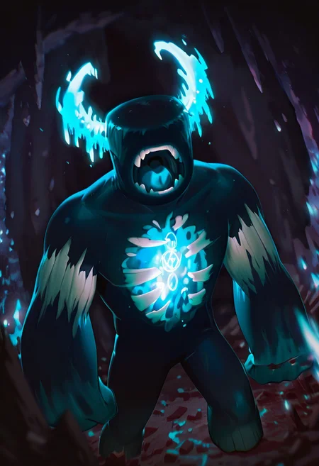 masterpiece, best quality, amazing quality, very aesthetic, absurdres, newest, detailed background, foreground blur, volumetric lighting,
warden, glowing horns, standing, solo, monster, open mouth, creature, teeth, no eyes, pokemon (creature), ribs, colored skin, ((wide head, big head,)),, no teeth, no humans, big arms, no hands, no wrists, wide body, short legs,
dark cave, torch flames, crystal growths, cave crystals, pentagram on wall, dynamic angle, super_scream, blue shockwaves, blue concentric rings, debris, upper body,