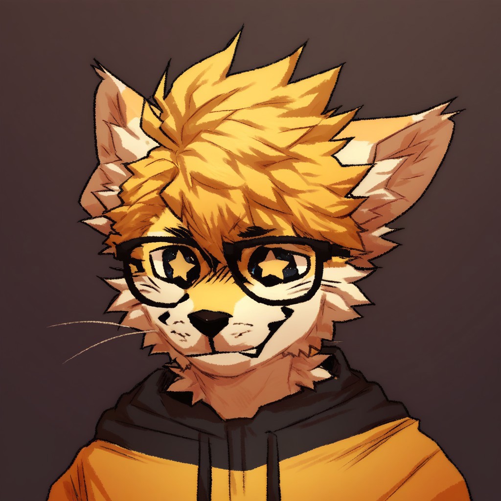 embedding:urn:air:sd1:embedding:civitai:222256@250708, score_9, score_8_up, score_7_up, furry, male furry, blonde fur, pale yellow fur,  body fur, headshot, black glasses, smile, starry eyes, by maggotnizer
