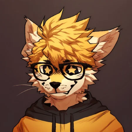 embedding:urn:air:sd1:embedding:civitai:222256@250708, score_9, score_8_up, score_7_up, furry, male furry, blonde fur, pale yellow fur,  body fur, headshot, black glasses, smile, starry eyes, by maggotnizer