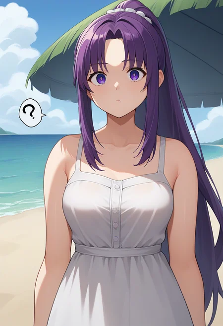 score_9, score_8_up, score_7_up, source_anime, 1girl, fern \(sousou no frieren\), purple hair, ponytail, parted bangs, sundress, beach, looking at viewer, confused <lora:brj-fern-pony-v0.5:1>