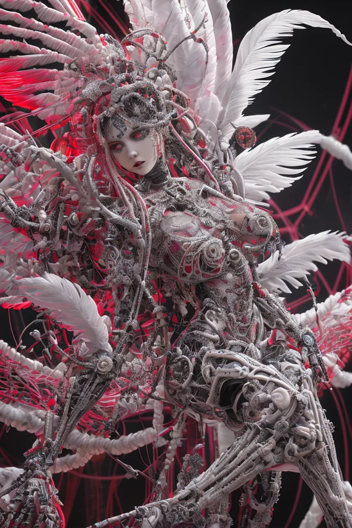 complex 3d render ultra detailed beautiful death angel, biomechanical cyborg, analog 150 mm lens, beautiful natural soft rim light, crystal feathers, roots, fine foliage lace, colorful details, Boris Bidjan Saberi outfit, pearl earrings, piercing, art nouveau fashion embroidered, intricate details, mesh wire, mandelbrot fractal, facial muscles, cable wires, microchip, badass, hyper realistic, ultra detailed, octane render, volumetric lighting, 8k post-production, red and white with a bit of black, detailled metalic bones, semi human, iridescent colors, Glenn Brown style, futuristic room, power of the god, high-angle shot, complex body poses