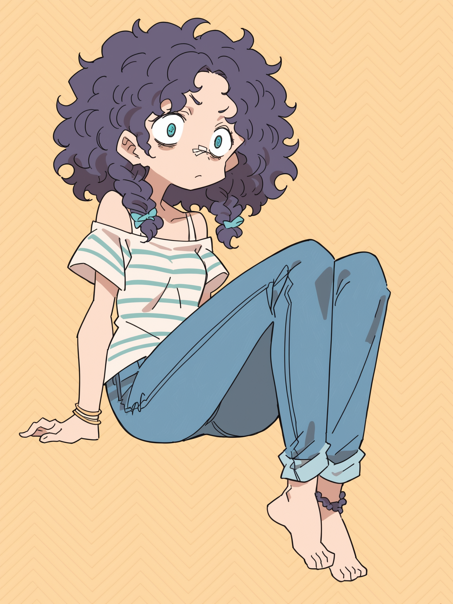 score_9, score_8_up, score_7_up, score_6_up, source_anime, zPDXL, BREAK
1girl, solo, <lora:Masikakumo:1> masika, college-aged inuit woman narrow face   deviated nose   violet wide-set  eyes  roman nose frizzy teal  box braids  sporty wrap top skinny jeans  anklets