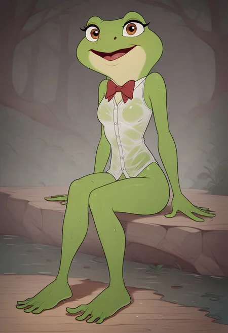 full body, 1girl, Tiana (frog), solo, sitting, detailed swamp background, white shirt, clothed, bowtie, very small creature, slimy body, lewd face, wet, sticky skin, frog feet