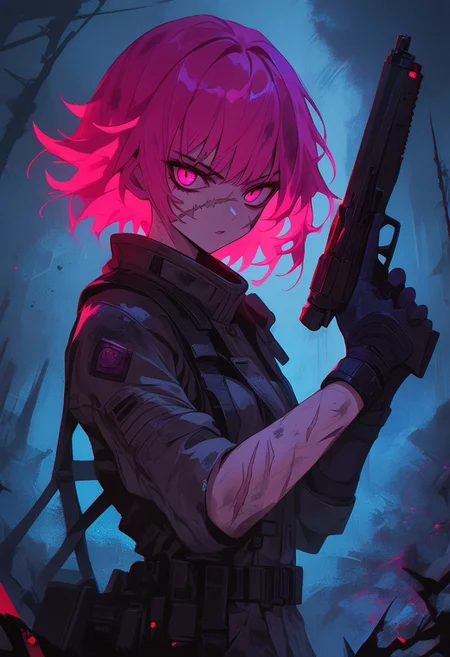 score_9, score_8_up, score_7_up, score_6_up, NLSTN, 1girl, solo, short hair, weapon, red hair, portrait, gun, bangs, holding, scar, red eyes, holding weapon, looking at viewer, scar on face, pink hair, dirty, parted lips, pink eyes, holding gun, glowing, dark