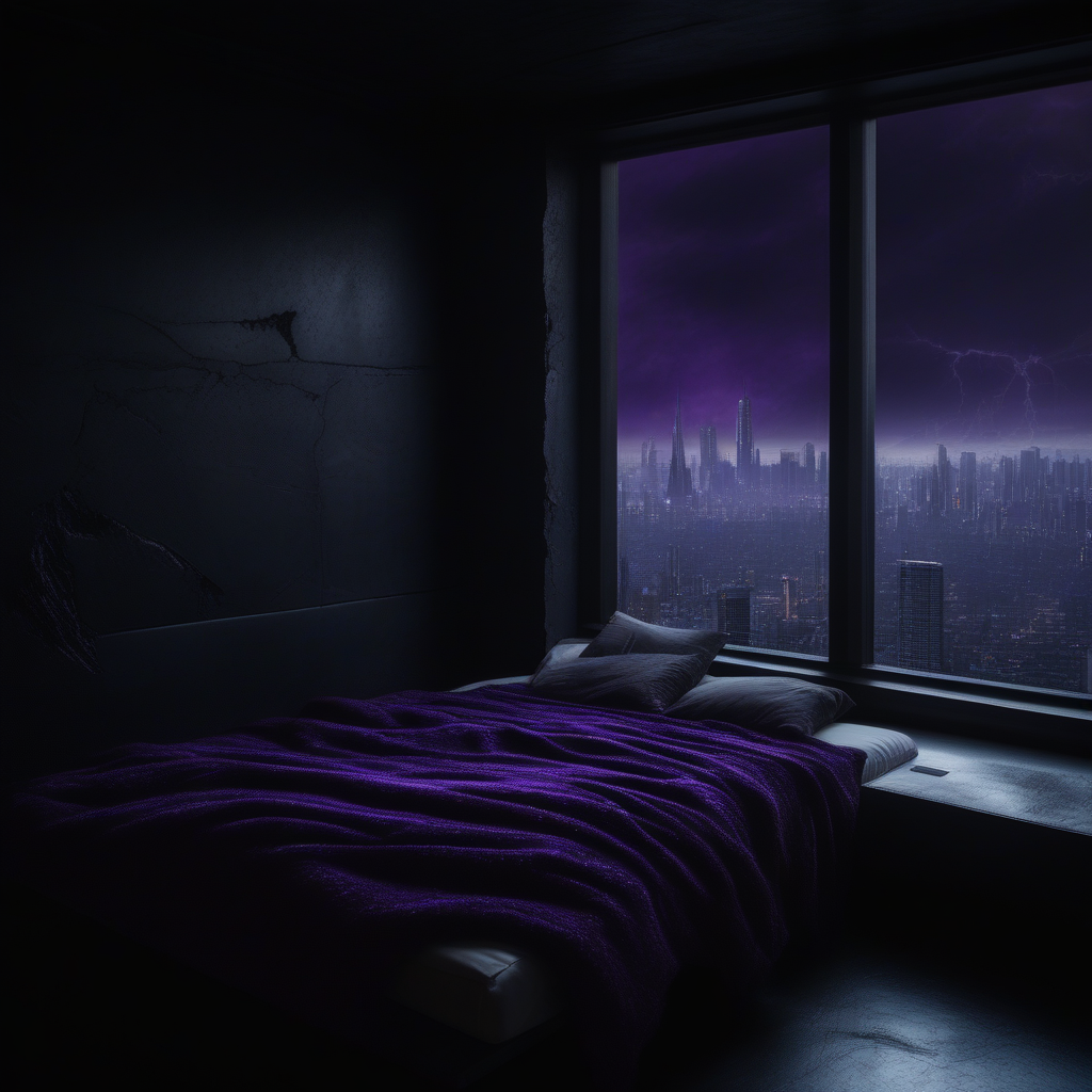 dark bedroom with a large window peering out to the dark sci-fi city in the background. the bed has a purple blanket and white pillows.  the window has a large crack. natural lighting.