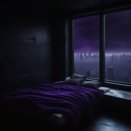 dark bedroom with a large window peering out to the dark sci-fi city in the background. the bed has a purple blanket and white pillows.  the window has a large crack. natural lighting.