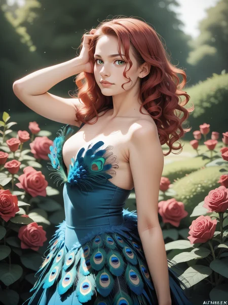 score_9, score_8_up, score_7_up, score_6_up, score_5_up, score_4_up, realistic, photograph,
1girl wearing a (peacock feather) dress, <lora:peacock_feather_dress-PD-1.0:1>
red hair, wavy hair, green eyes,
medium breasts,
rose garden, hand in hair, pose, feathers, come hither