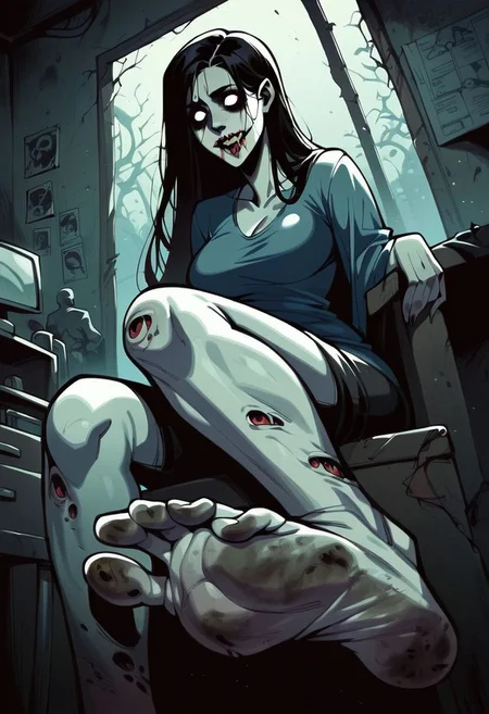 score_9, score_8_up, score_7_up, score_6_up, score_5_up, score_4_up,source_anime, 2d anime, zombie, zombie woman, zombie slut, sexy zombie, motion, erotic, porn, horror, dead eyes, interior, morgue, stretcher, fluorescent light, sitting, showing feet, perfect feet, perfect soles, dirty feet