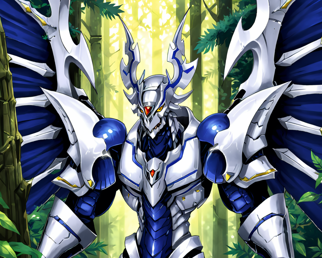 a dorugoramon in a forest,upper body,wings,cropped, anime,anime style, <lora:DORUgoramon:0.75>
