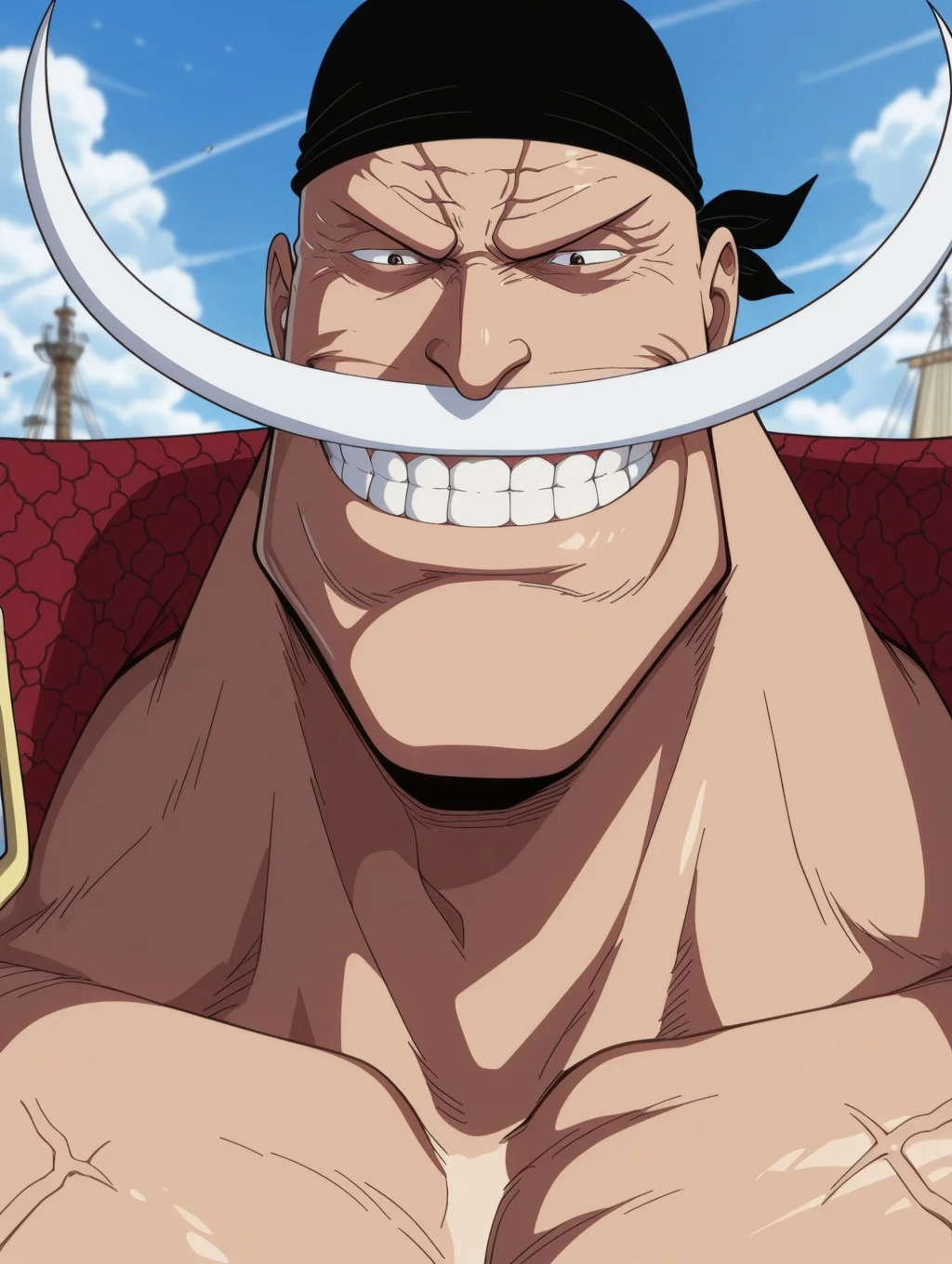 masterpiece, best quality, amazing quality, 1 boy, solo, male focus, bara, Edward Newgate, bandana, teeth, hat, muscular, sky face focus