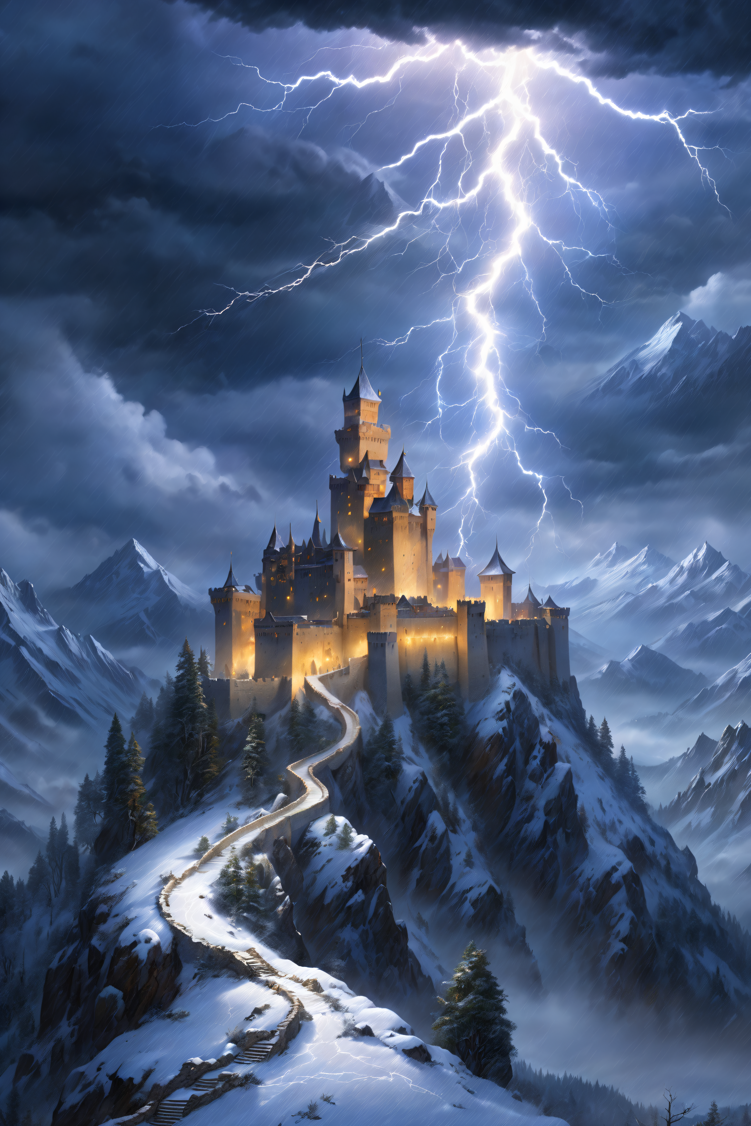 high mountain, castle, towers, (snow storm:1.3), night, lightning, clouds <lora:surrealityLoraVersion_1:1>, (masterpiece:1.2), best quality, (hyperdetailed, highest detailed:1.2), high resolution textures, <lora:EnvyBetterHiresFixXL01:1>