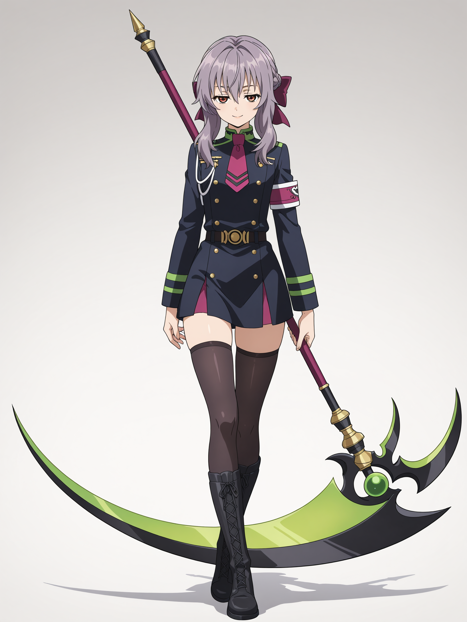 <lora:shinoa:1>,shinoa,seductive smile,full body,green scythe,thighhighs,braid,military uniform,
