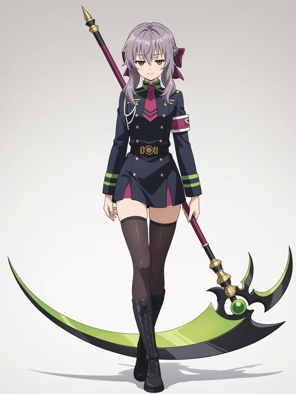 <lora:shinoa:1>,shinoa,seductive smile,full body,green scythe,thighhighs,braid,military uniform,