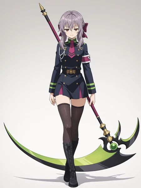 <lora:shinoa:1>,shinoa,seductive smile,full body,green scythe,thighhighs,braid,military uniform,