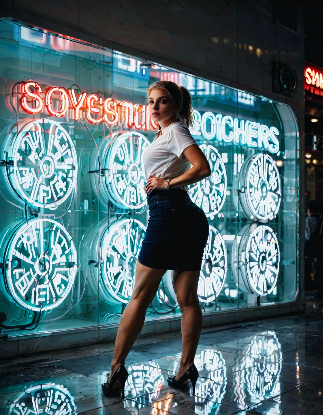 (real life, cinematic, 1girl, cute, gorgeous blonde white 18yo girl, ponytail, alluring face, sexy, makeup, (wide hips, big ass), pencil skirt), dynamic pose, score_7_up, score_8_up, score_9_up, detailed beautiful futuristic cityscape, bloom, rim lighting, <lora:Beautiful face_alpha1.0_rank4_noxattn_last:.78>, <lora:Neon_Scene:0.88> neonscene, reflection, glowing, neon light everywhere, neon lights, neon light streaks, darkness, noise offset, wet ground, light reflection, (neon sign text "NEON")