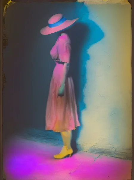 <lyco:Sarah Moon:1.0> sarah moon a woman in a dress and hat going near old wall. long exposure, photorealism , vintage photo, pink, yellow, blue, pastel color
