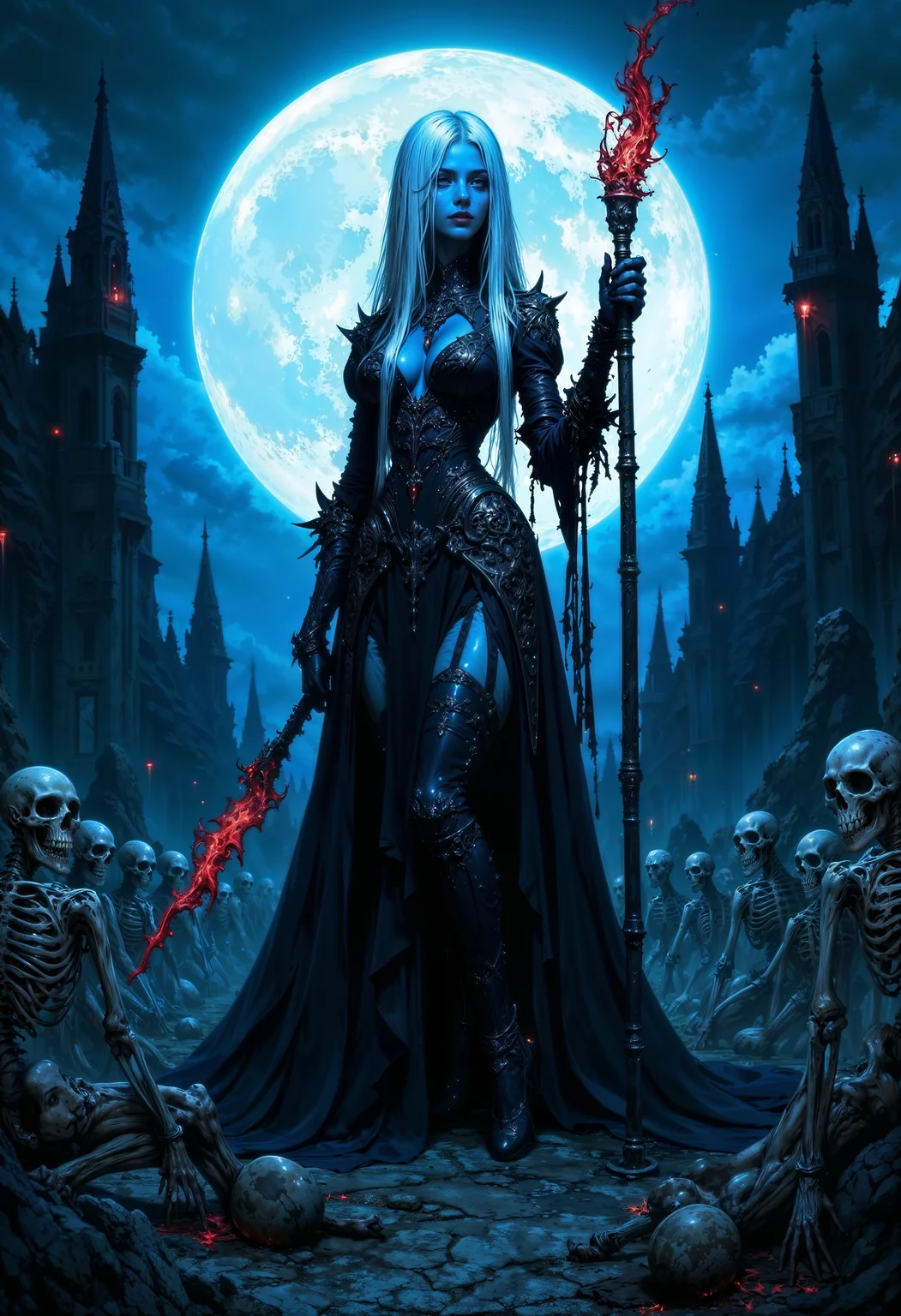 bo-an1me, dark fantasy illustration, high detail fantasy anime, a dark, mystical scene. The central figure is a woman with pale skin and long, flowing hair, wearing an elaborate, gothic-style black dress with intricate details. She holds a staff with a glowing, fiery tip in one hand, and her expression is intense and commanding. Surrounding her are several skeletal figures, positioned in various poses, adding to the eerie atmosphere. The background is a desolate landscape with jagged, ruined structures under a full moon, casting a blue, ethereal light over the scene. The overall color palette is dominated by shades of blue and black, enhancing the mysterious and supernatural theme of the artwork.