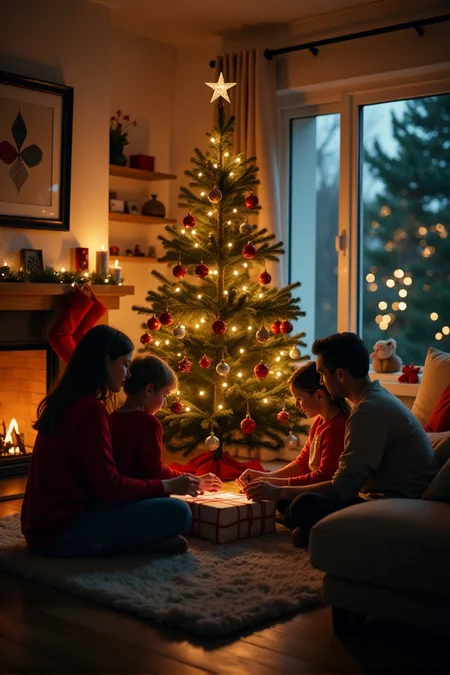 Cinematic style, <lora:Sinfully_Stylish_.02_for_FLUX:1> A cozy living room, a Christmas tree decorated with ornaments, a family gathered around, opening presentsâââ