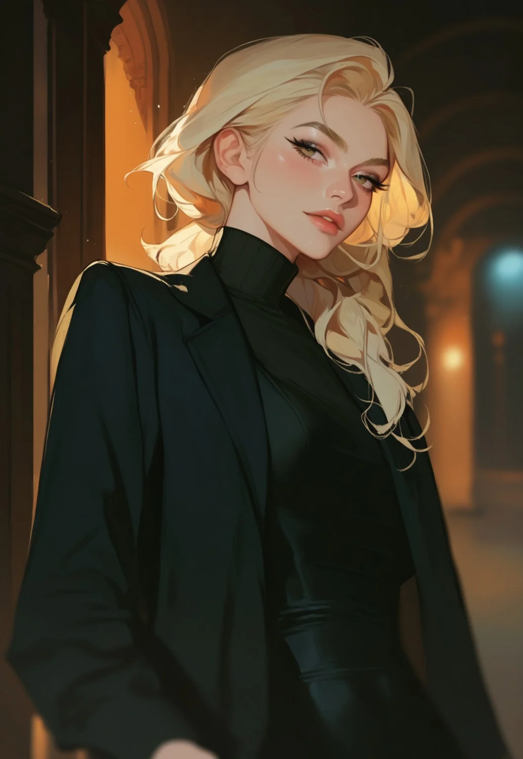 score_9, score_8_up, score_7_up, score_6_up, score_5_up, score_4_up,1girl, turtleneck sweater, black sweater, pale skin, semi-realism, medium breasts, tight clothes, dark narrow corridor, black latex gloves, formal suit, black suits, blonde hair, great artist, 8k, black formal jacket, shadows, cinematic scene, depth of field, long eyelashes, sharp eyebrows, sexy, seductive, Noise effect, old movie effect, old time, black eyeliner, 1980s style, long hair,