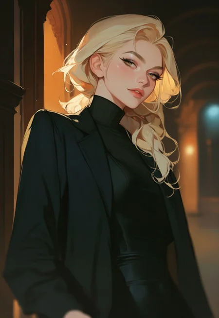 score_9, score_8_up, score_7_up, score_6_up, score_5_up, score_4_up,1girl, turtleneck sweater, black sweater, pale skin, semi-realism, medium breasts, tight clothes, dark narrow corridor, black latex gloves, formal suit, black suits, blonde hair, great artist, 8k, black formal jacket, shadows, cinematic scene, depth of field, long eyelashes, sharp eyebrows, sexy, seductive, Noise effect, old movie effect, old time, black eyeliner, 1980s style, long hair,