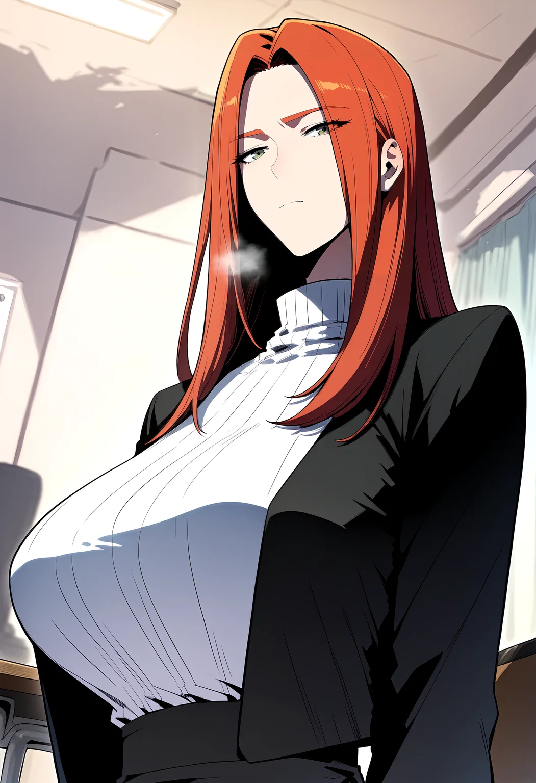score_9, score_8_up, score_7_up, score_6_up, source_anime, rating_explicit, <lora:neg4all_bdsqlsz_V3.5:2.0>1girl, (solo:1.2), huge breasts,<lora:mariaponyxl:1> long hair, red hair, green eyes, black jacket, turtleneck, white sweater, black skirt, pencil skirt, expressionless, Narrow shoulders, heavy breathing, steaming body, office room, indoors, looking at viewer