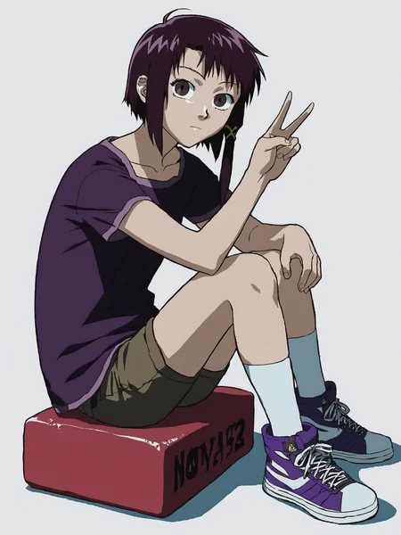 woman, 20 y/o, 20 year old, 20 year old woman, adult, score_9, score_8_up, score_7_up, score_6_up, score_5_up, BREAK masterpiece, high quality, white background, <lora:Iwakura_Lain_PS_PDXLv0-e50:0.8> iwakura lain ps, looking looking at viewer, t-shirt, shorts, sitting, full body, white socks, purple sneakers, v:1.2