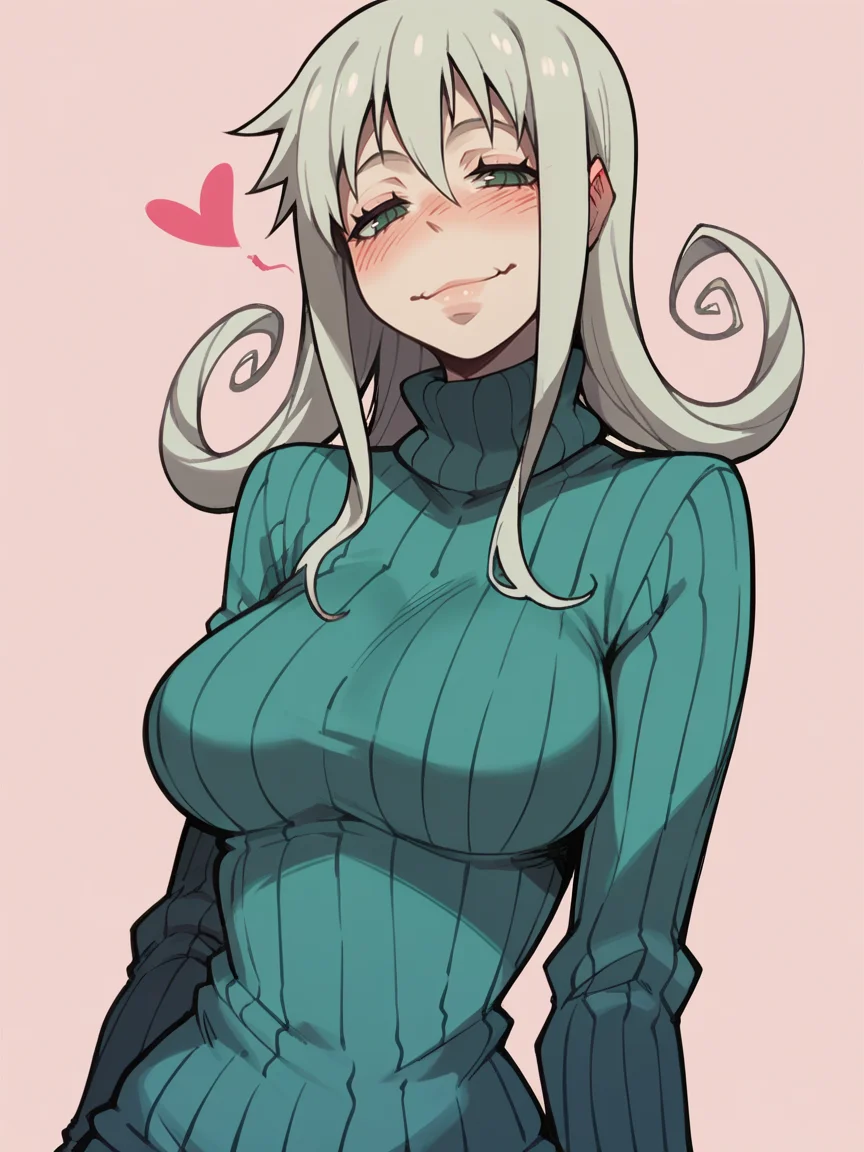 score_9, score_8_up, score_7_up, score_6_up, score_5_up, <lora:SoulEaterXLP:1> soul eater, 1girl, solo, heart, curvy, sweater, long hair,
