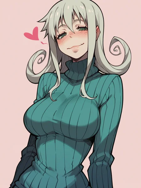 score_9, score_8_up, score_7_up, score_6_up, score_5_up, <lora:SoulEaterXLP:1> soul eater, 1girl, solo, heart, curvy, sweater, long hair,