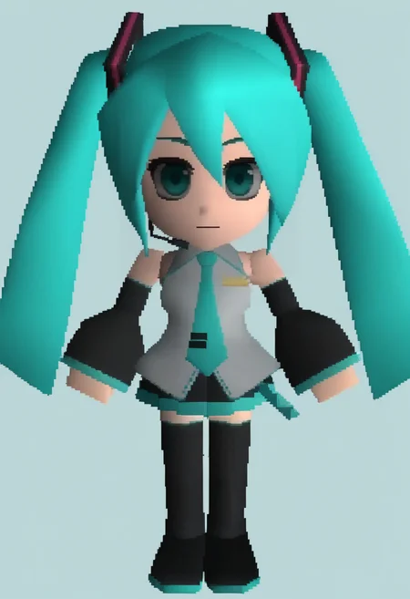 masterpiece, best quality, solo, 1girl, looking at viewer, <lora:FF7-Chibi-illus_Fp:1>, full body, simple background, 3d, chibi, hatsune miku,