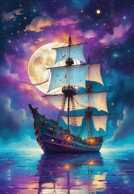(a drawing of a ghost ship in a stylized design, torn white sails:1.3), (Ocean, still water, water reflection, reflective water, night sky, moon, stars, galaxy), (purple theme:1.4, extremely detailed, high detail, hires textures, incredibly detailed, intricate details, masterpiece, colorful comic, murals)