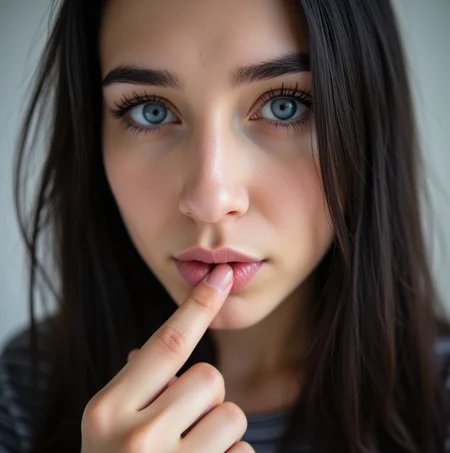 a young woman is holding her finger to her lips, 1girl, looking at viewer, blue eyes, black hair, solo focus, blurry, lips, eyelashes, blurry background, close-up, realistic