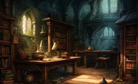 medieval, interior, medieval interior, wooden interior, table, chair, big black cauldron, shelves, books, scrolls, window covered with thin see-through animal hides, (jars filled with mysterious ingredients for brewing potions with:0.4), herbs, a small pestle and mortar,
HD, very detailed, ambient lighting,
<lora:more_details:1> <lora:Bloodborne:0.25> , <lora:FantasyInteriors:0.4> fanint <lora:FantasyStudy:0.4> fanstu
