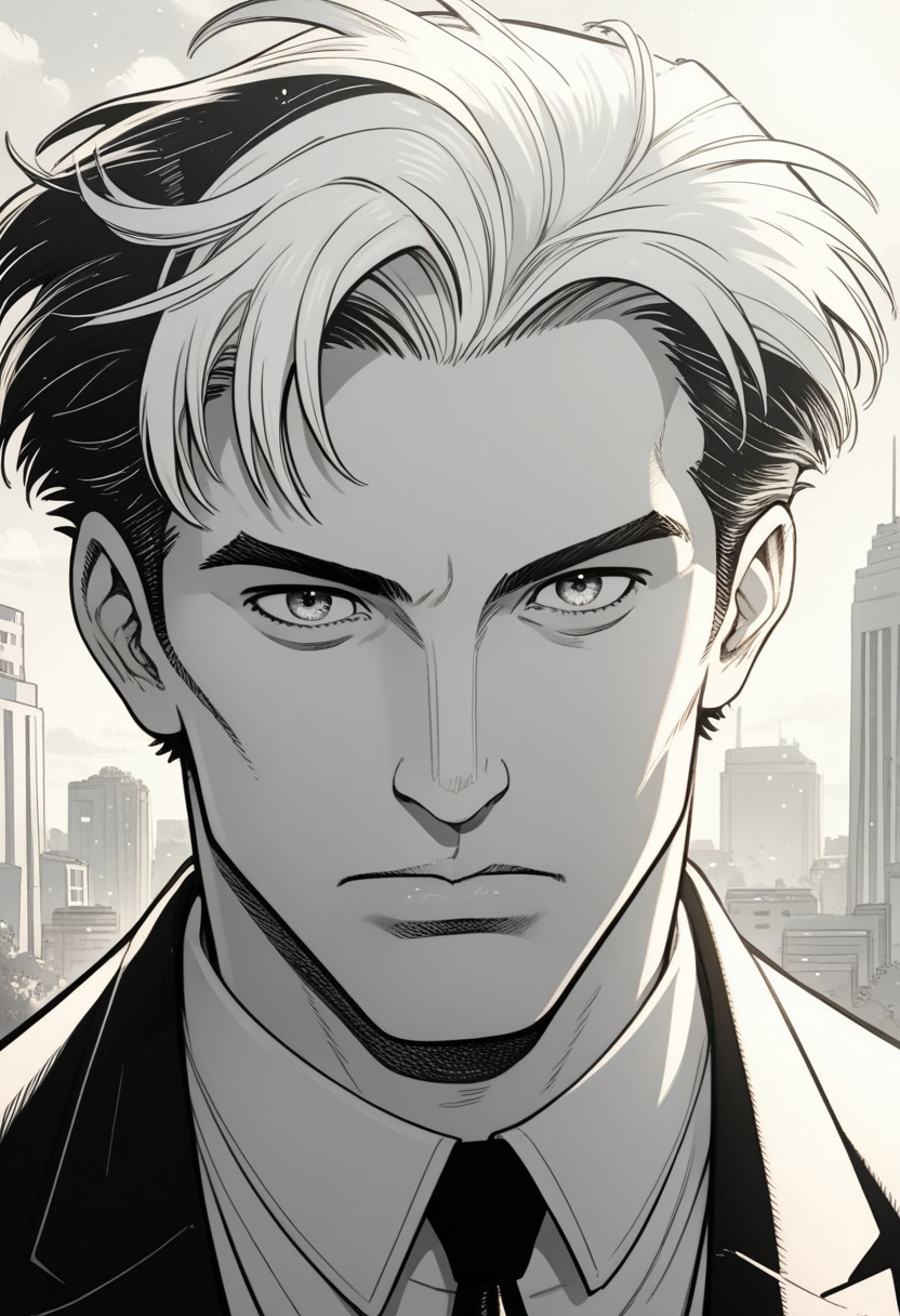 dskxadms, 1boy, male focus, necktie, monochrome, solo, split theme, looking at viewer, shirt, collared shirt, formal, short hair, portrait, suit, multicolored hair, jacket, two-tone hair, closed mouth, comic art style, specular highlights, side lighting, city view, outdoors, extreme light and shadow, cinematic lighting, cinematic angle, close up, arms behind head, natural lighting, score_9, score_8_up, score_7_up, score_6_up, score_5_up, score_4_up,